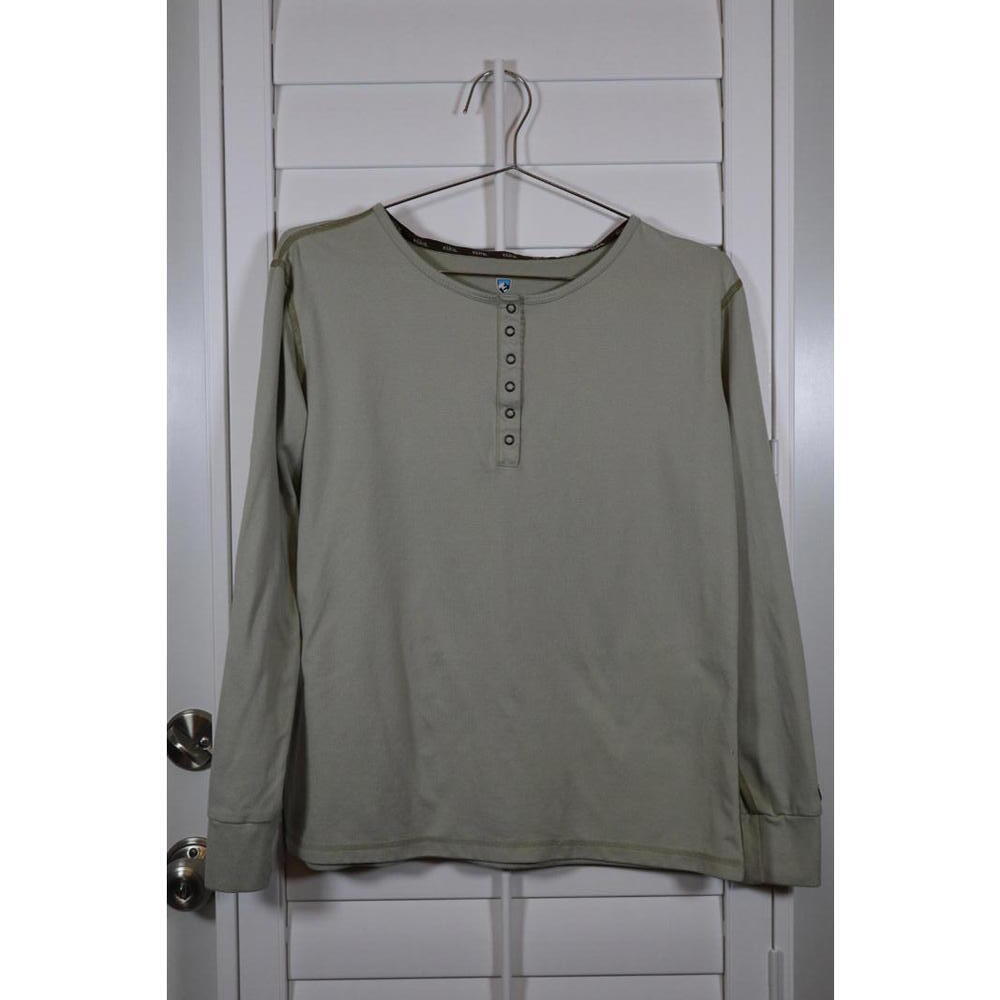 KUHL long sleeve Henley technikore in a tan/gray color size Large